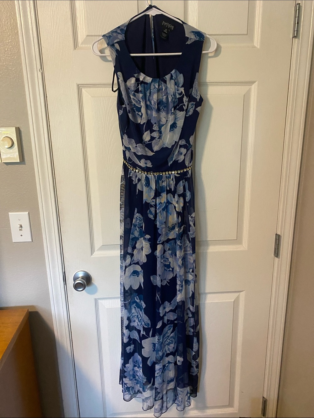Sleeveless Navy Floral Maxi Dress with Jeweled Waist